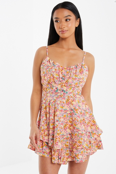 Petite Pink Floral Frill Playsuit